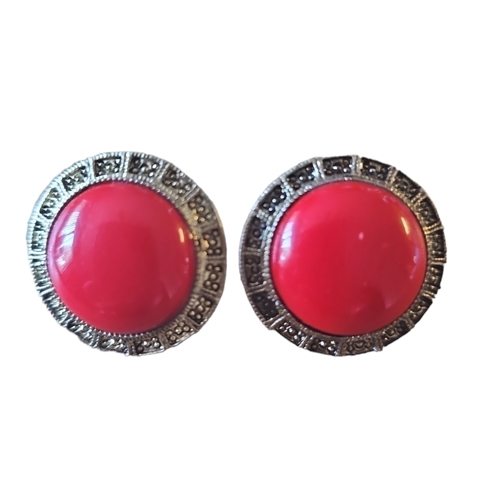 Vintage Art Deco Style Red Stone Marcasite Silver Earrings
